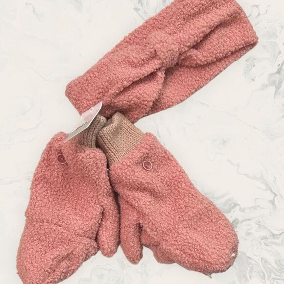 NEW BP. Boucle Pink Head Wrap & Mittens Set - Pink - One Size - Picture 1 of 3